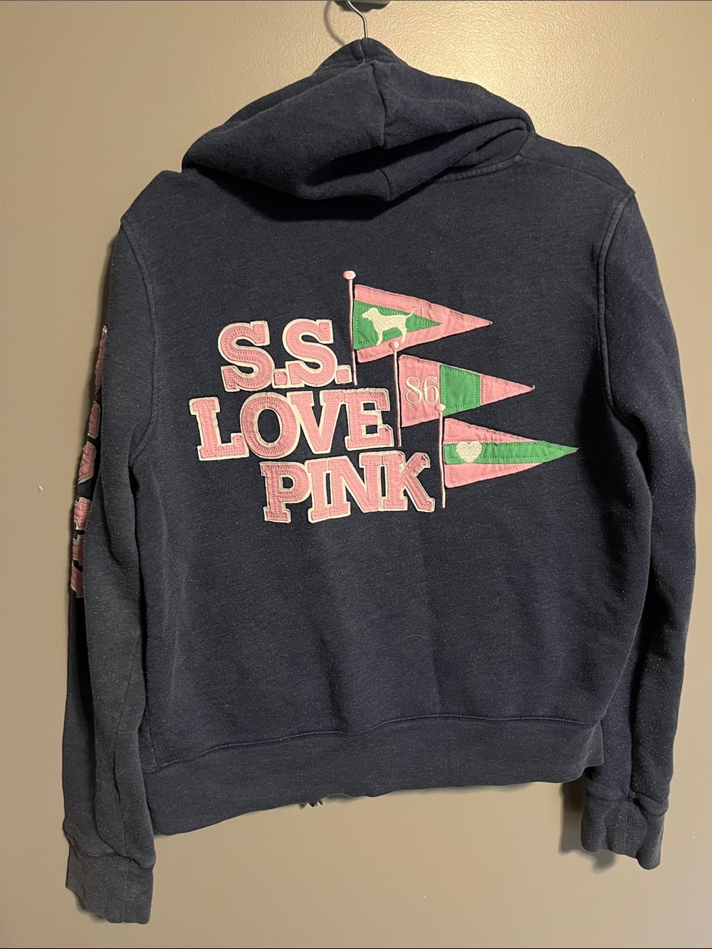 Vintage S.S. Love Pink Navy Hoodie with Pink & Green Pennants